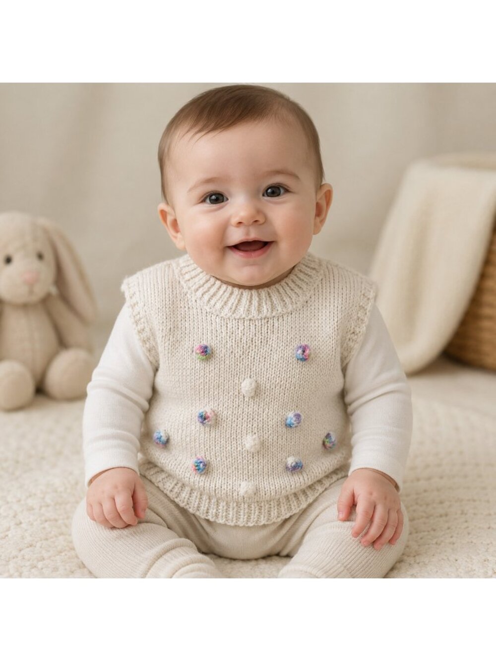 Hand-Knit Vest Baby Pullover White With Pom Poms Handmade Sz 6-12 Months